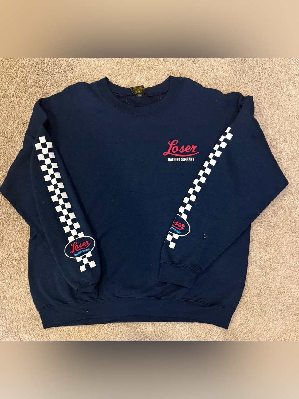 Loser Machine Navy Crewneck Sweatshirt with Checker Stripe Detail